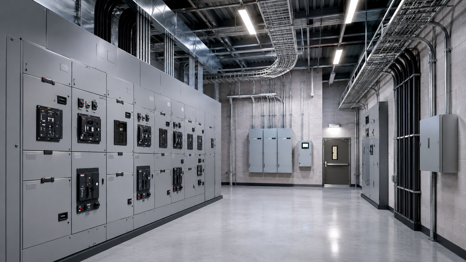 Architect-style visual of a finished commercial electrical room with switchgear and organized conduit