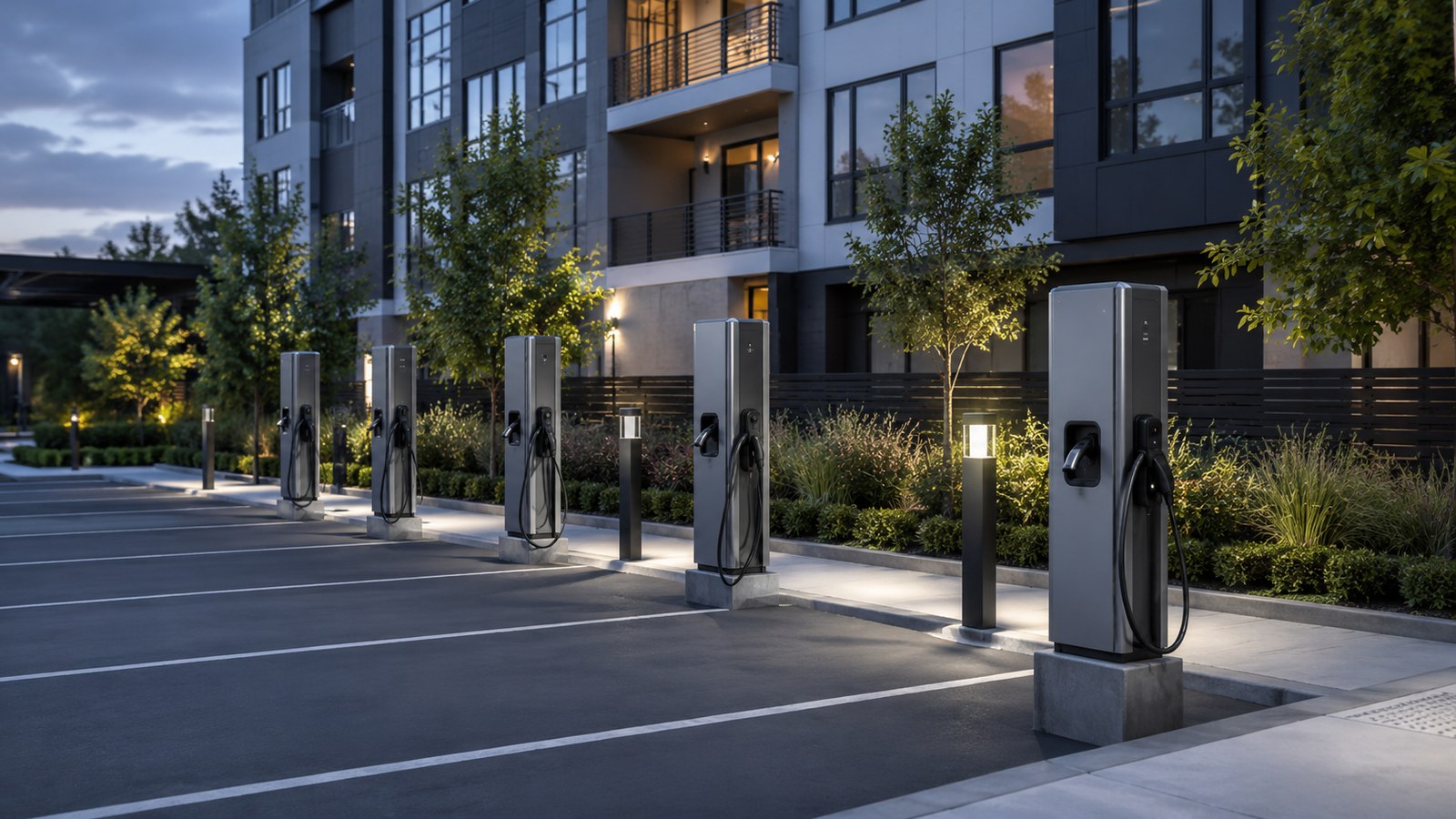 Architect-style visual of a finished EV charging installation at a commercial multifamily property