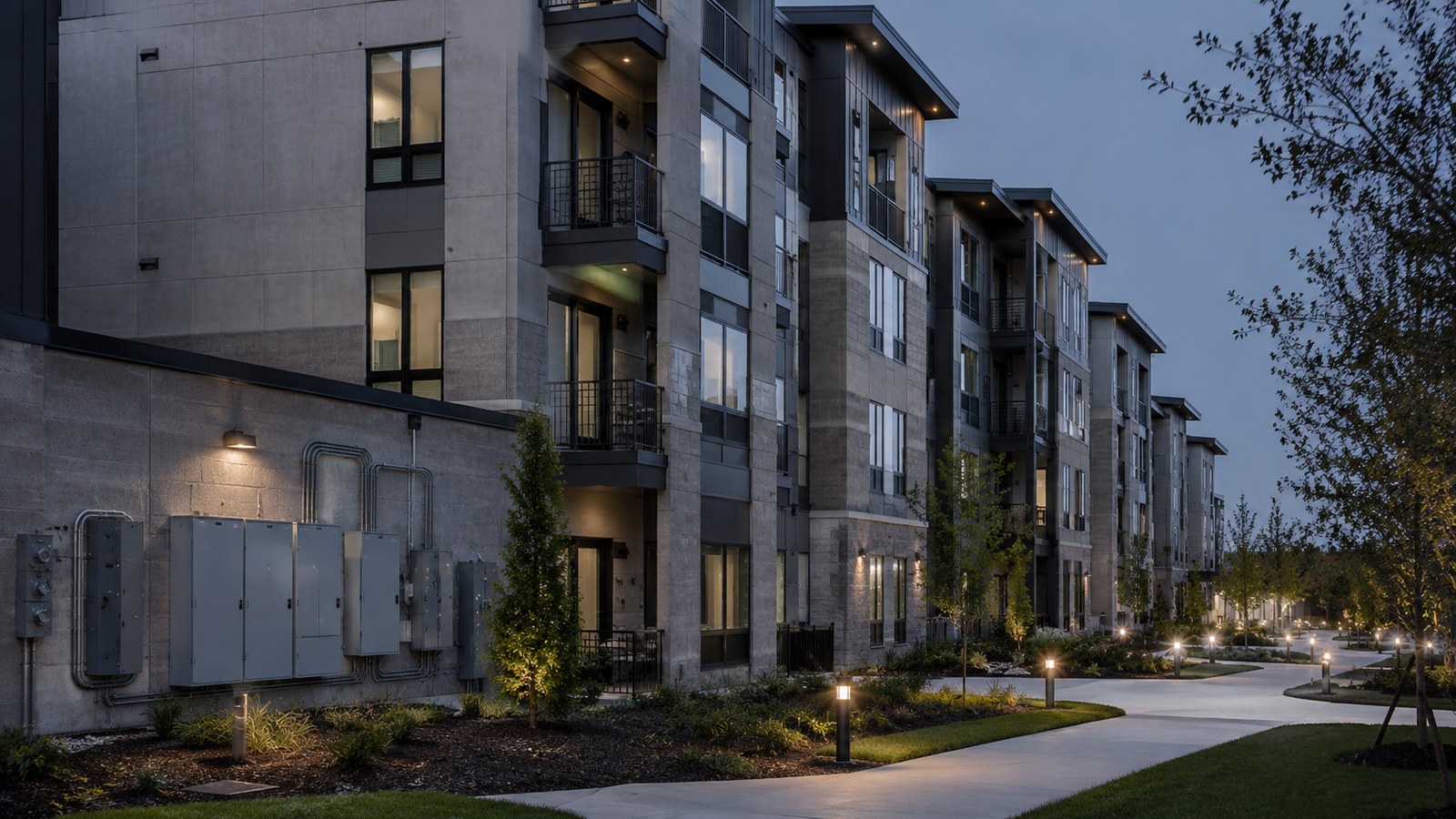 Architect-style visual of a finished multifamily project with electrical service infrastructure