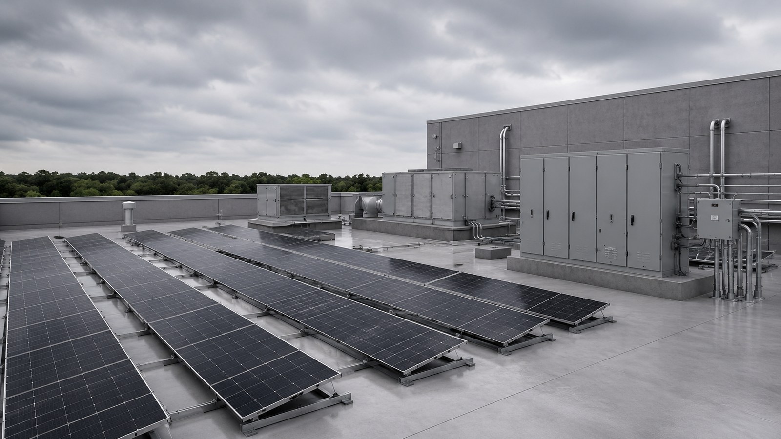 Architect-style visual of finished rooftop electrical infrastructure for regional commercial projects