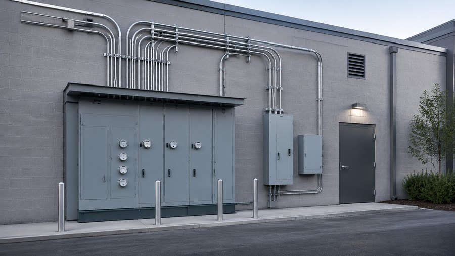 Architect-style visual of a finished service upgrade and utility equipment installation